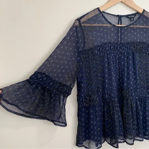 Lucky Brand Shirred Peasant Top Navy Blue M - Picture 4 of 8